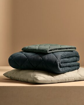 A stack of folded quilted blankets in dark green and beige colors resting on a flat surface against a plain neutral background, in a studio shot