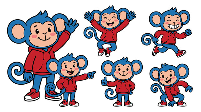 Blue monkey set, 6 cartoon mascots