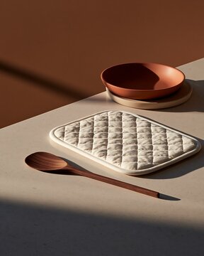 Beige quilted fabric mat with a wooden spoon and a terracotta bowl on a light beige surface with dramatic window light and deep shadow patterns