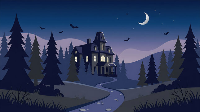 Spooky Halloween Forest Landscape with Moonlit Pine Trees