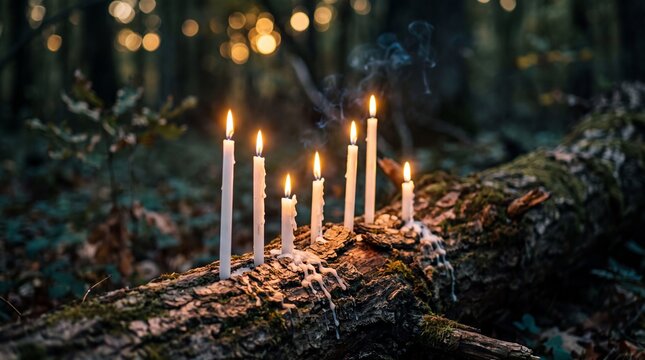 Magic burning candles on glowing dark natural background. mysterious fairy scene. witchcraft ritual. dark natural Background. Samhain, Halloween holiday concept