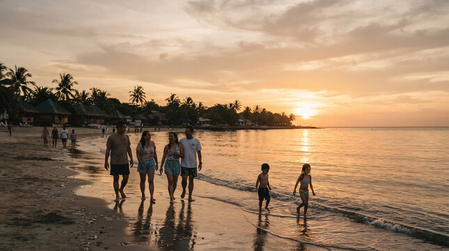 Families and friends walking along a tropical beach shoreline during a warm golden sunset.