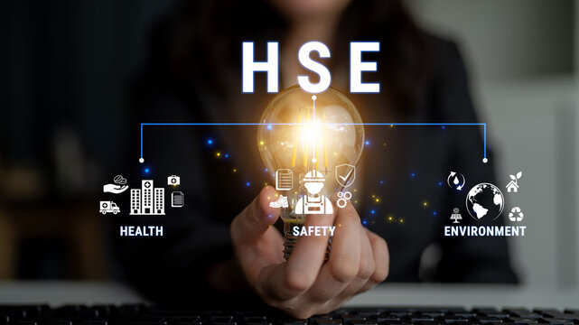Health, Safety, Environment Concept with Light Bulb and Icons Representing HSE in a Professional Setting. Glyphic.