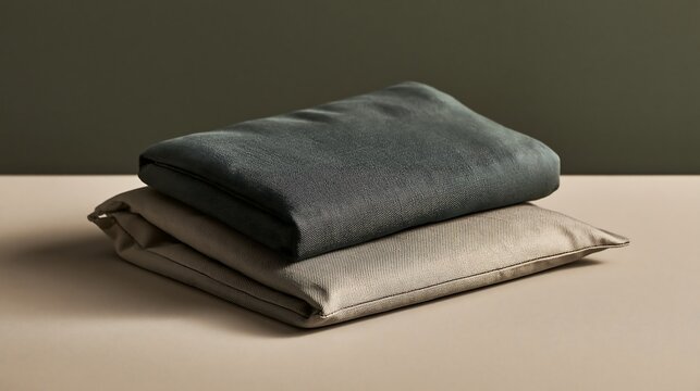 Two folded textile squares in dark grey and light beige colors stacked on a smooth surface against a dark olive green wall background
