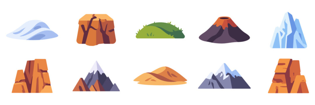 Landscape icon set with natural landforms, flat illustrations