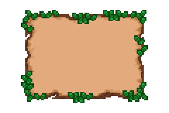 Retro pixel art wooden board frame decorated with green ivy leaves on a white background, ideal for fantasy game UI, message boxes, and adventure inventory items.