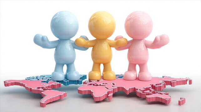 Three friendly figures stand united on a world map