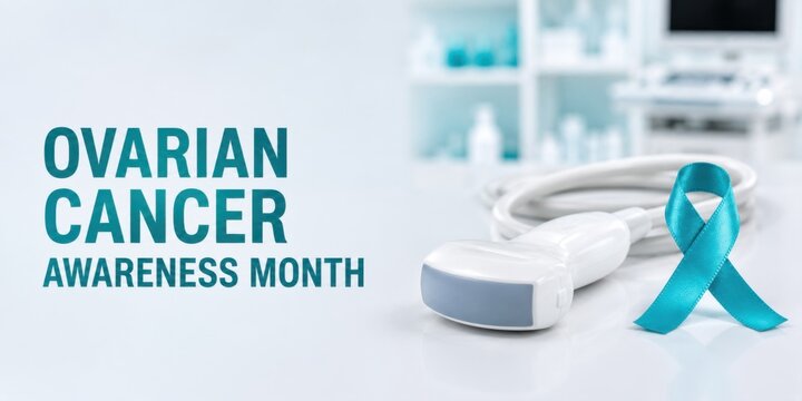 Ovarian Cancer Awareness Month banner with a teal awareness ribbon and medical equipment, created for cancer prevention, education and healthcare campaigns