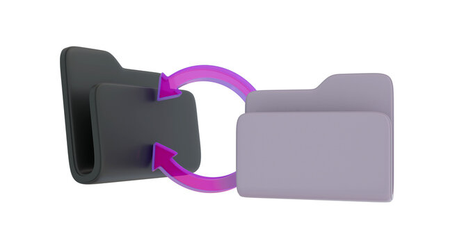 3D render of digital file folders with a rotating sync arrow icon showing data synchronization or file transfer between two distinct document folders transparent