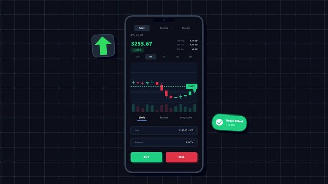 Animated Crypto and Stock Market Trading Interface Displaying Real Time Data Motion Illustration