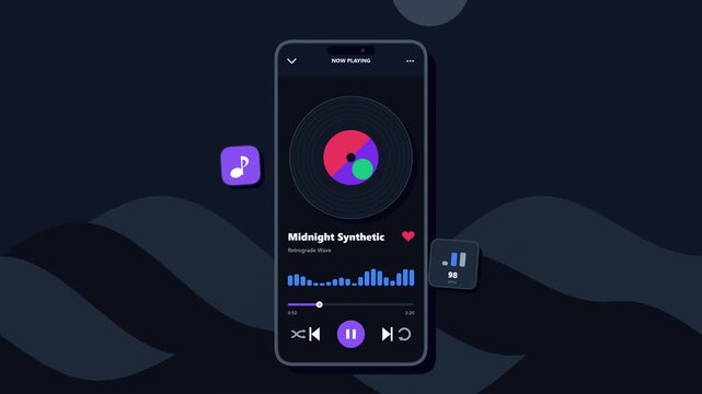 Dark Mode Music Player Interface with Dynamic Audio Frequency Waveform Motion Illustration
