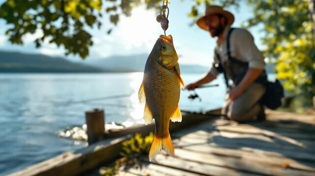 Man fishing on sunny lake pier with catch on hook