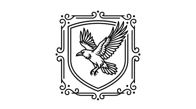 Heraldic raven in flight, Spanish shield, ornamental keyline frame, clean precise vector line art, solid black, emblem, symbol