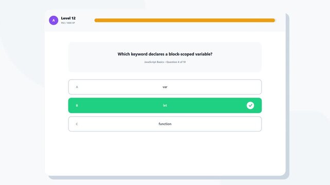 Animated E-Learning App Interface Showing Gamified Skill Progress and Lessons Motion Illustration