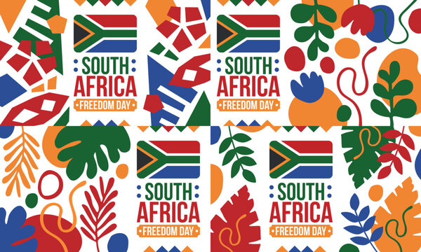 South Africa Freedom Day. Happy holiday. Celebrate culture and traditions of nation. South African flag. Poster with illustration. Pattern design. Vector