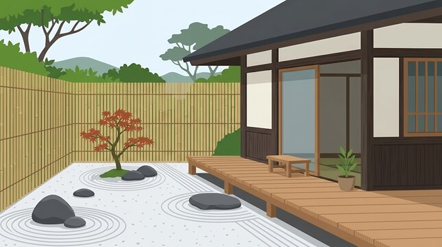 Traditional Japanese Zen Garden with Raked Gravel Stones and Maple Tree in Front of a Classic Wooden House