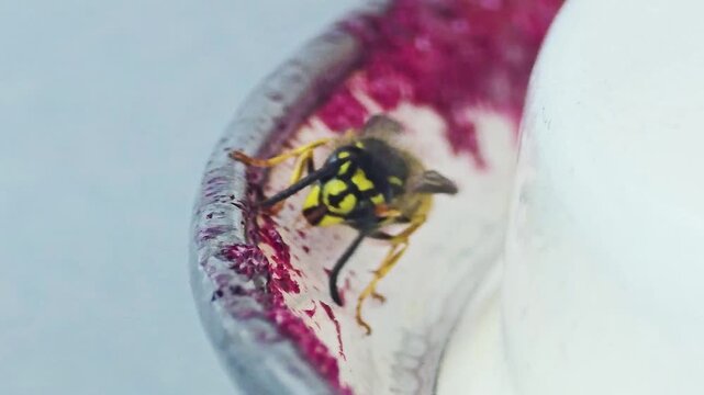 Close-up of a hungry yellow wasp gathering sweet fruit juice from an enamel bowl