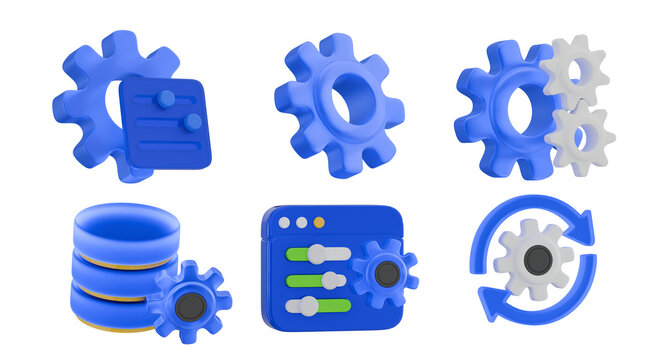 Set of 3D rendering blue gear and interface control icons isolated on transparent background for software development