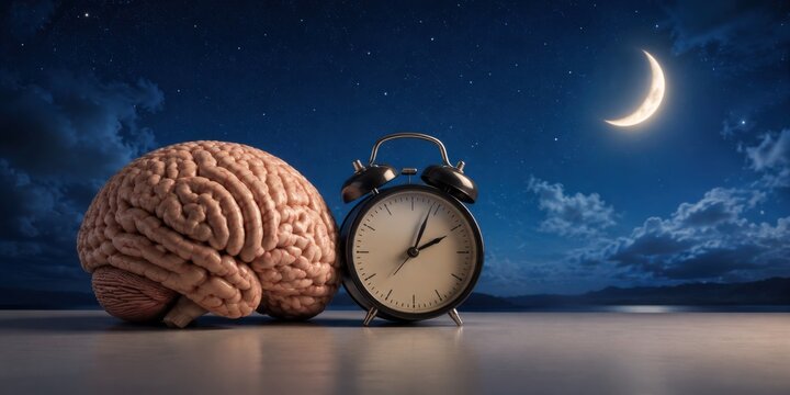 Human brain and alarm clock under a crescent moon at night, symbolizing sleep, relaxation, bedtime, circadian rhythm, rest and healthy sleep routine