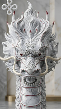 3D White Chinese Dragon Head Fantasy Mythical Beast Portrait  