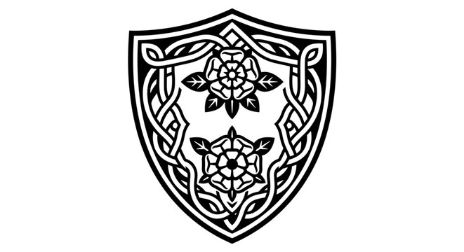 Isolated shield shaped Tudor inspired decorative border with rose emblems and interlacing strapwork patterns, black flat vector illustration