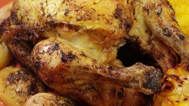 Poulet r&ocirc;ti, pommes de terre et ma&iuml;s grill&eacute;