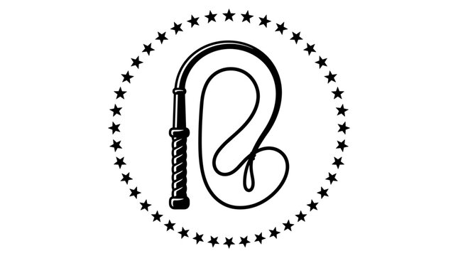 Isolated vintage circus lion tamer whip and star border in black silhouette and line art, classic performance element, retro vector illustration