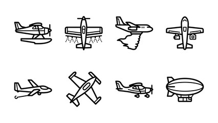 Aircraft Collection: A set of simple line art illustrations depicting various types of aircraft, including seaplanes, crop dusters, commercial jets, propeller planes, and airships. © hammad