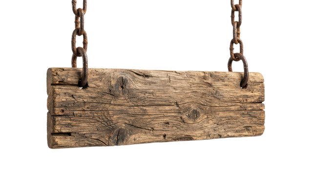 An old weathered wooden plank hanging from rusty metal chains isolated on transparent background