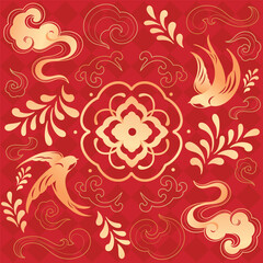 Naklejka premium Chinese New Year decorative pattern vector with golden phoenix birds, floral medallion, clouds and traditional Asian ornaments on red background.