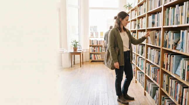 Woman reading books in a cozy bookstore setting