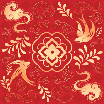 Chinese New Year decorative pattern vector with golden phoenix birds, floral medallion, clouds and traditional Asian ornaments on red background.