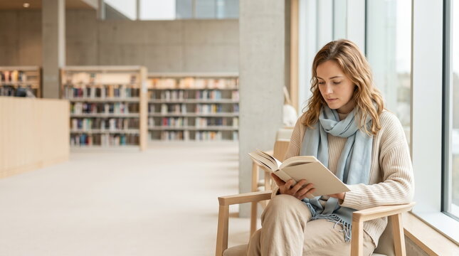 Woman reading a book in a library, enjoying offline lifestyle