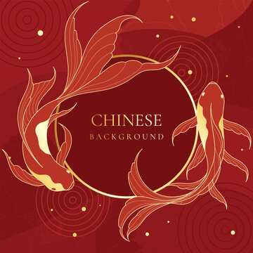 Chinese New Year background vector with elegant golden koi fish, circular frame and traditional Asian decorative ornaments on deep red background.