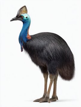 Full Body Portrait Of A Vibrant Southern Cassowary With Blue Neck Isolated On A Clean White Background