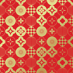 Plakat Chinese New Year seamless pattern vector with traditional lantern shapes, coin symbols, floral ornaments and geometric motifs in red and gold.