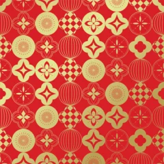 Fotobehang Onderzeeër Chinese New Year seamless pattern vector with traditional lantern shapes, coin symbols, floral ornaments and geometric motifs in red and gold.  © TWINS DESIGN STUDIO
