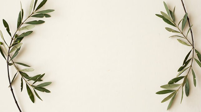 Elegant and minimalist olive branches gracefully frame a soft beige background, providing a serene and organic natural border with ample copy space for sophisticated design needs