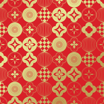 Chinese New Year seamless pattern vector with traditional lantern shapes, coin symbols, floral ornaments and geometric motifs in red and gold.
