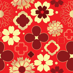Naklejka premium Chinese New Year floral pattern vector with layered red, orange and cream flowers on dark red background for festive decoration, wrapping and packaging.