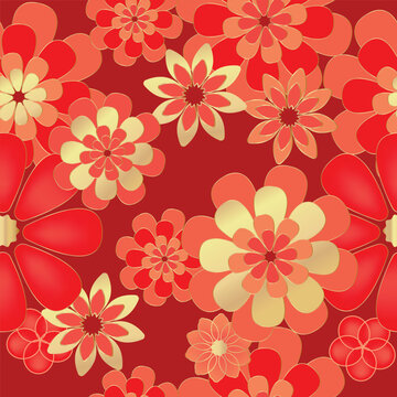 Chinese New Year floral pattern vector with layered red, orange and cream flowers on dark red background for festive decoration, wrapping and packaging.