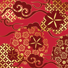 Chinese New Year seamless pattern vector with traditional Asian floral ornaments, cloud motifs and geometric decorations in red, burgundy and gold.