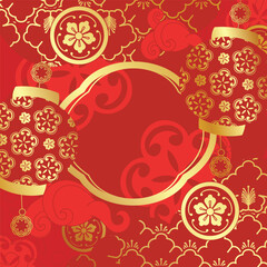 Plakat Chinese New Year background vector with elegant red lanterns, golden flowers and traditional Asian decorative ornaments on vibrant red background.