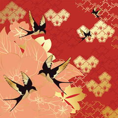 Plakat Chinese New Year floral pattern vector with elegant swallow birds, peach blossoms and traditional Asian ornaments on red background.