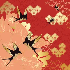Fotobehang Cars Chinese New Year floral pattern vector with elegant swallow birds, peach blossoms and traditional Asian ornaments on red background.  © TWINS DESIGN STUDIO
