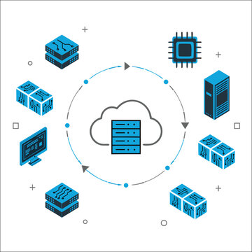 Circular cloud computing infographic diagram with network connectivity icons and data flow.