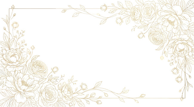 Elegant golden floral frame border with roses and leaves, , luxury botanical design for wedding invitations