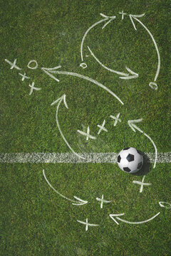 Grungy soccer or football design template. well-groomed turf in the stadium and soccer strategy with copy space.