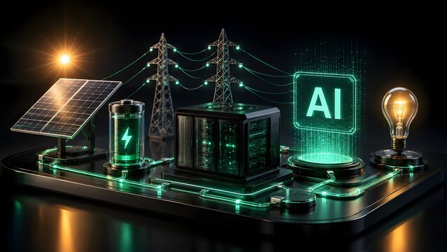 Conceptual illustration of AI-driven renewable energy management, featuring a glowing AI processor, solar panels, battery storage, and smart grid technology for sustainable power solutions