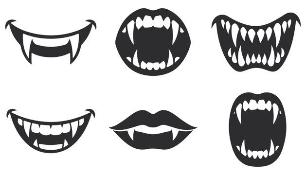 Set of various vampire mouths and fangs silhouettes